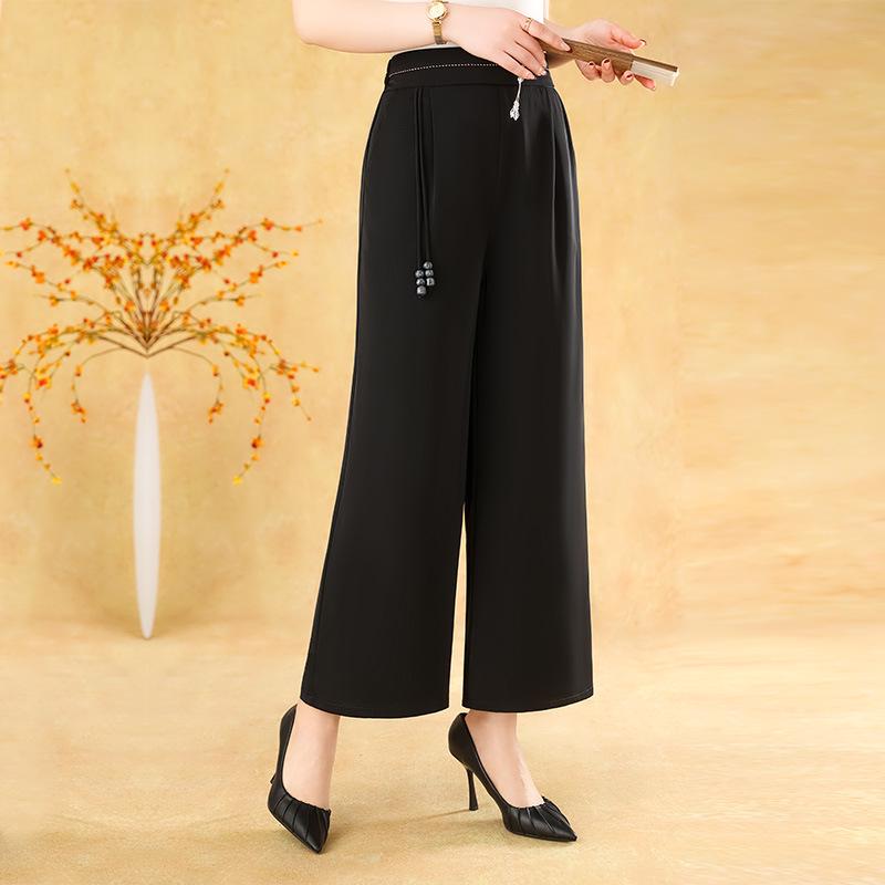 Mom's High-Waisted Summer Ice Silk Pants - Straight Wide-Leg, Nine-Point Style for Middle-Aged & Elderly Women