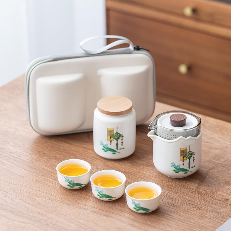 

Dragon Boat Festival Guochao Travel Tea Set One Pot Three Cups High-end Kuaike Cup Ceramic Glass Hand Grab Pot Portable Business Gifts