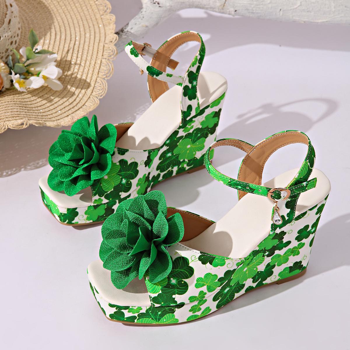 

2025 лето большой размер новые модные босоножки с цветочным принтом на танкетке женские босоножки на платформе с одним словом женские 42 зелёный