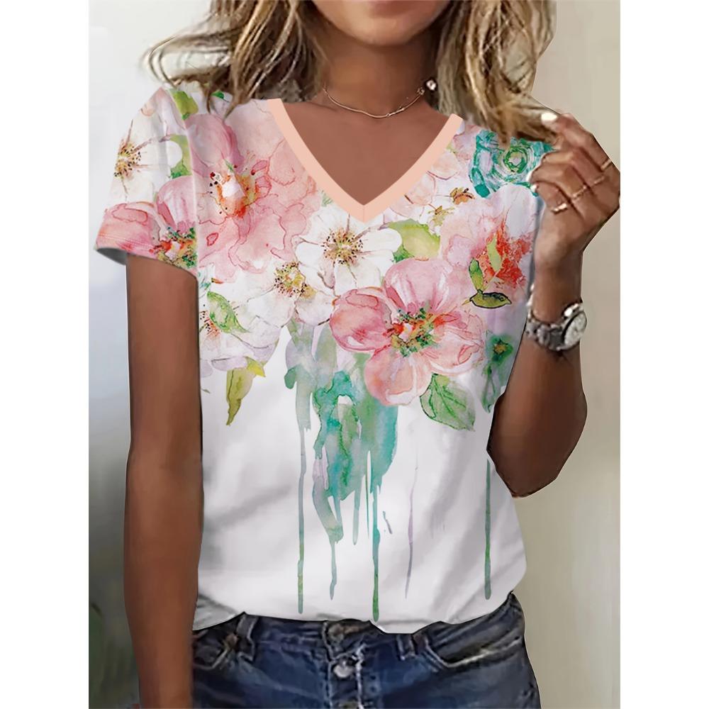 Summer large women's T-shirt fashionable blue flower print casual elegant V-neck T-shirt daily comfortable women's T-shirt