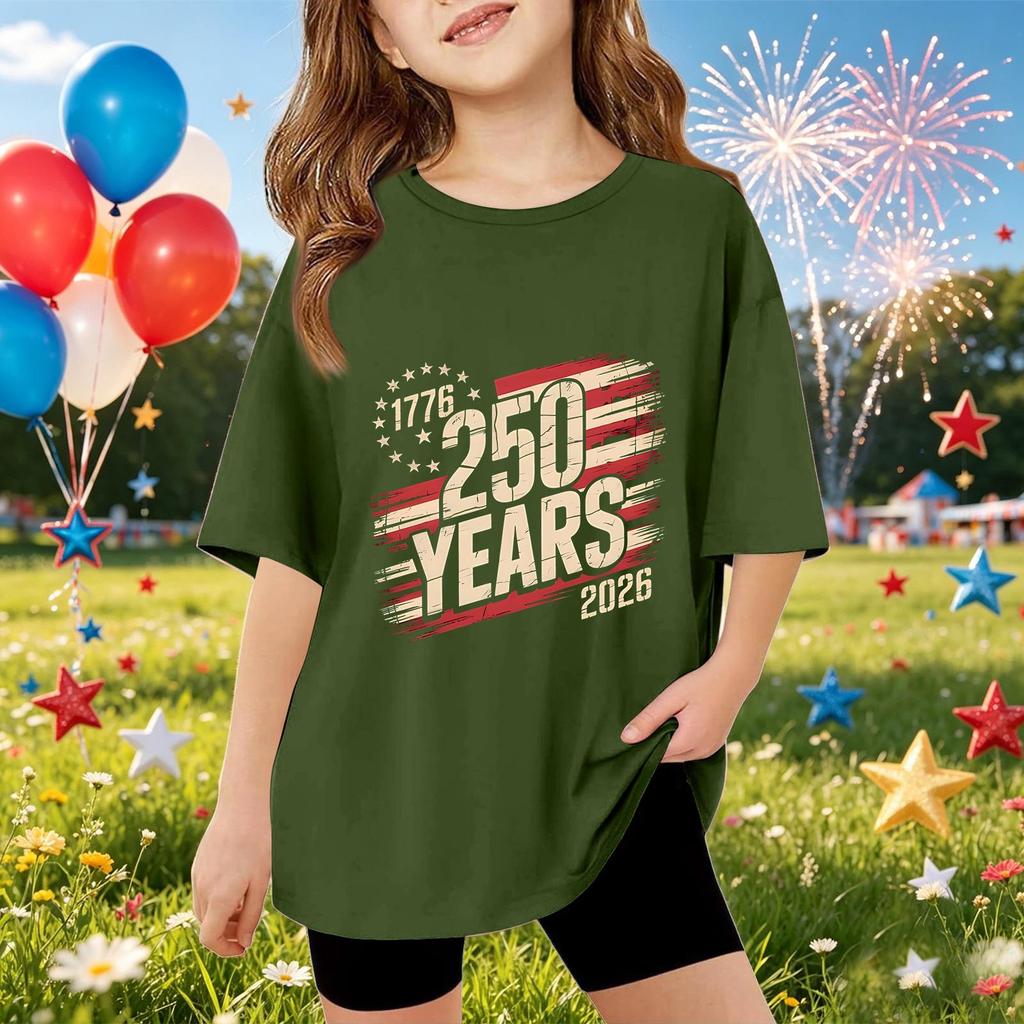 Kids Short Sleeve T Shirt 250 Years Commemorative Graphic Tee Independence Day 1776 2026 Casual Fit Cotton Top for Boys and Girls