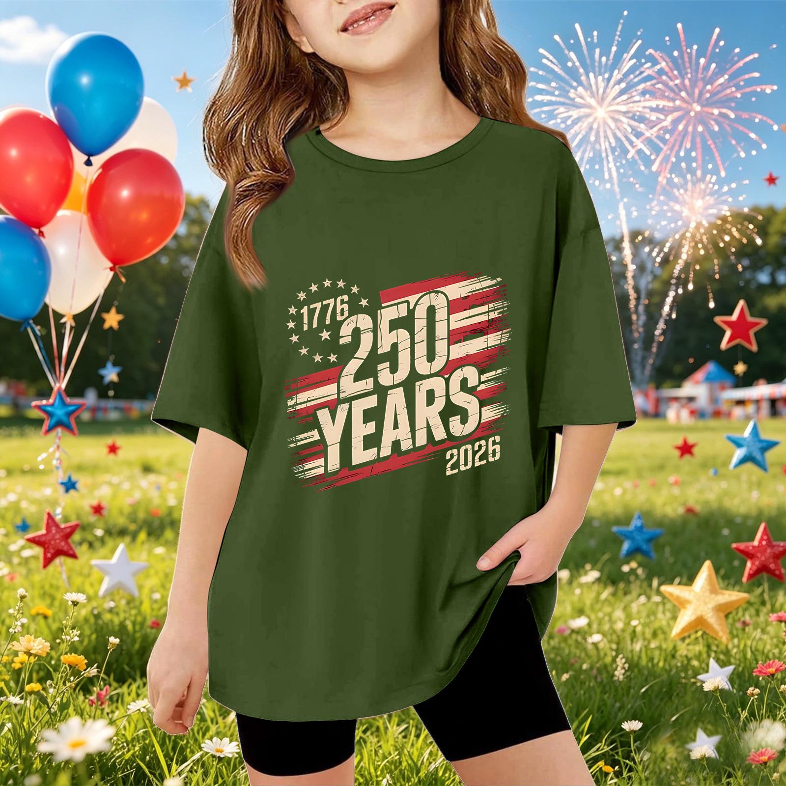 

Kids Short Sleeve T Shirt 250 Years Commemorative Graphic Tee Independence Day 1776 2026 Casual Fit Cotton Top for Boys and Girls 110