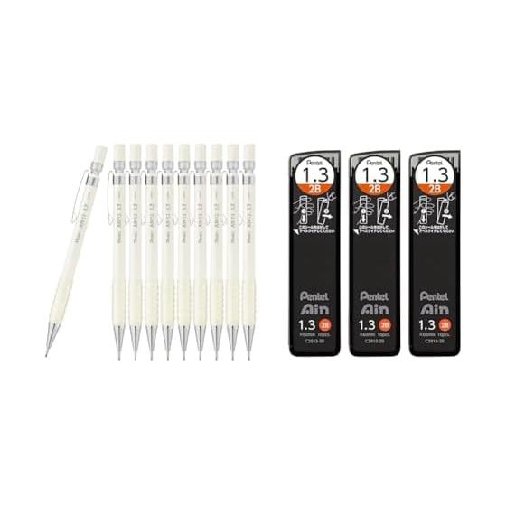 Pentel AMAIN Sharp Mechanical Pencil, 1.3mm, Off-White, 10-Pack with Pentel Ain 1.3mm 2B Lead Refills, 3-Pack
