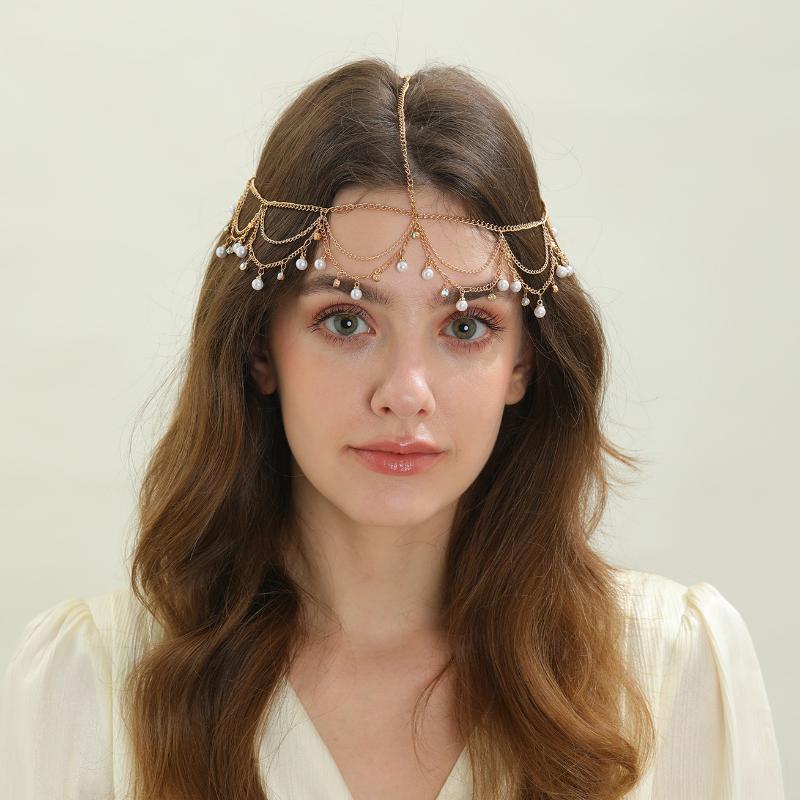 Fashion Bohemia Pearl Sequin Tassels Multi-Layer Hair Chain For Women Bride Rhinestone Forehead Chain Hair Jewelry