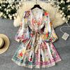 French court high-end printed bubble sleeve dress women's V-neck strap waist temperament A-word ruffle skirt