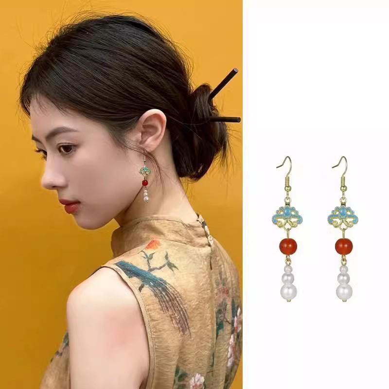 Retro Hollow Out Lotus Jade Ancient Earrings Chinese Style Earrings Women Ear Drop Ear Accessories
