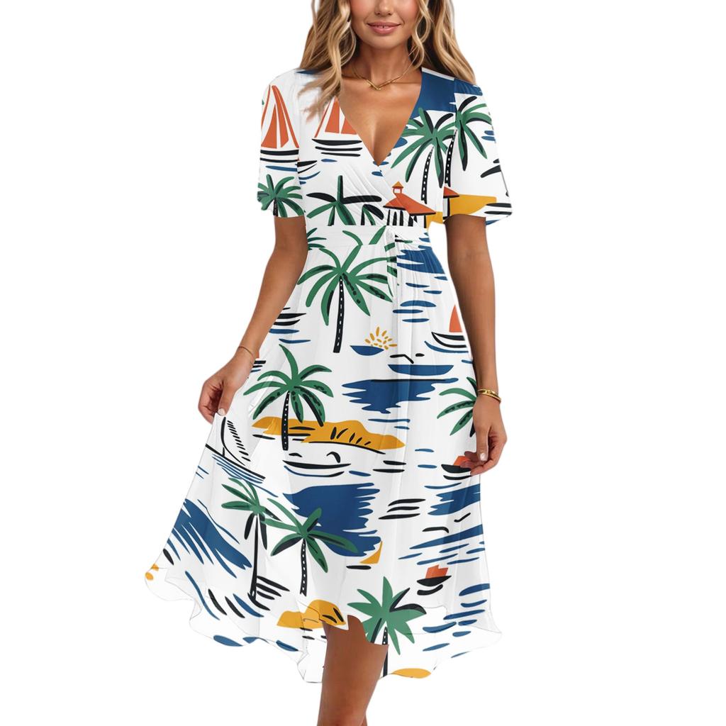 Women's Fashion Casual V Neck Short Sleeve Ruffled Vintage Printed Dresses