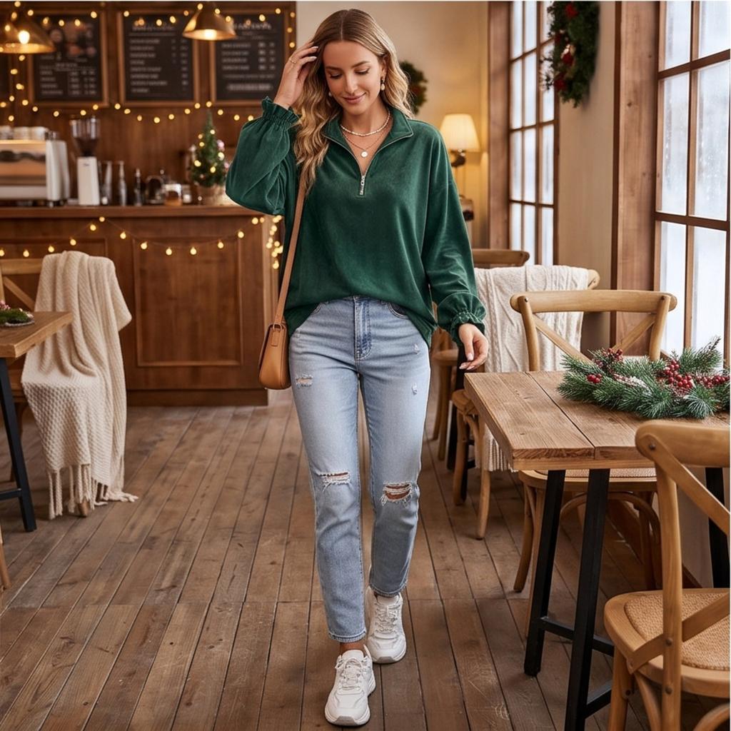 Women's Velvet Zip Up Sweatshirt with Collar Casual Loose Fit Color for Daily Wear