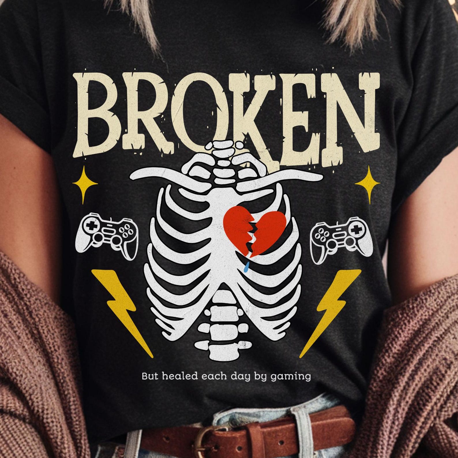 Gamer Shirt Broken But Healed By Gaming Tee Funny Skeleton Gamer Tee Video Game Shirt Gamer Birthday Gift Gaming Graphic Tee Gift for Him XL