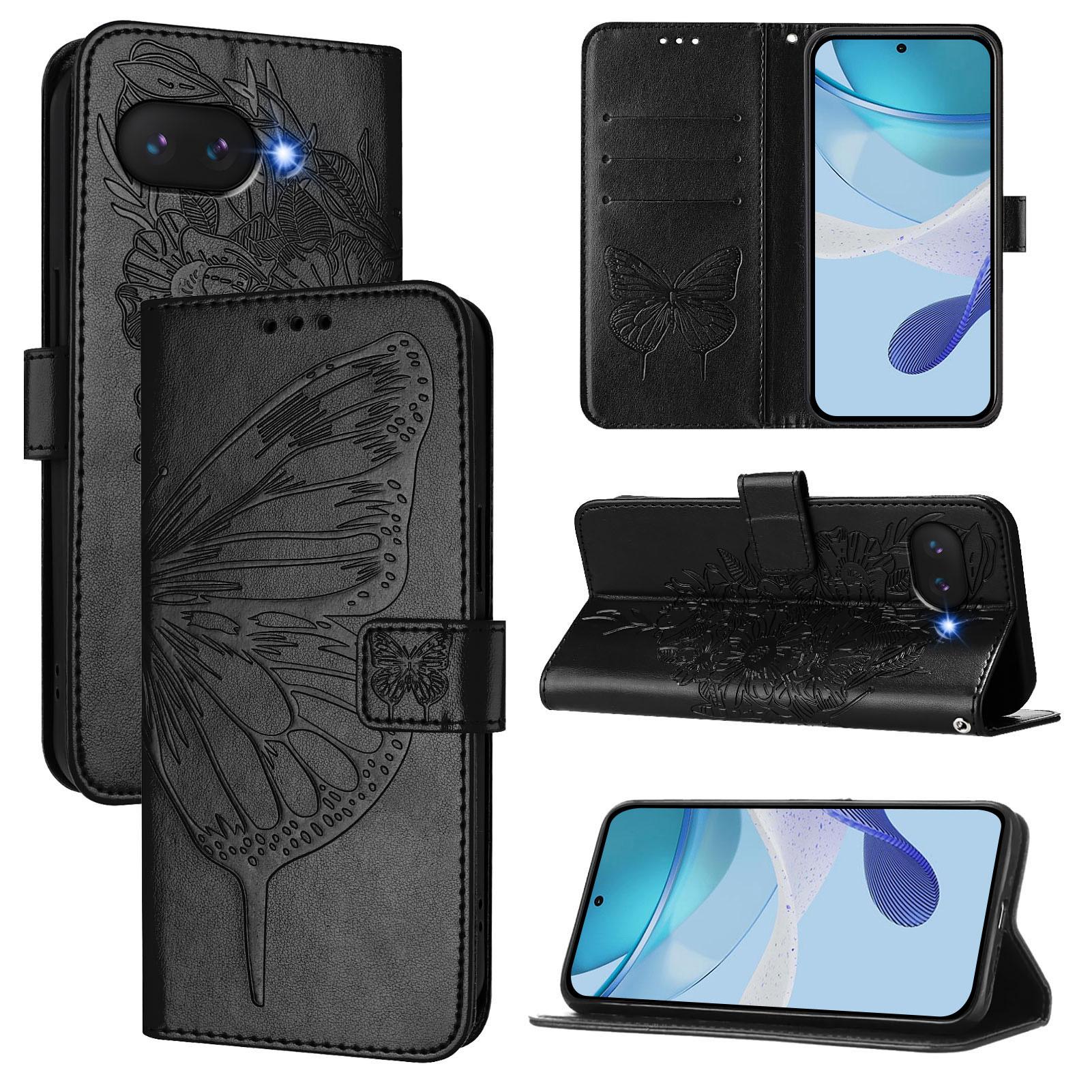 

For Google Pixel 9a Wallet Case with Wrist Strap Butterfly Imprint Leather Phone Cover A