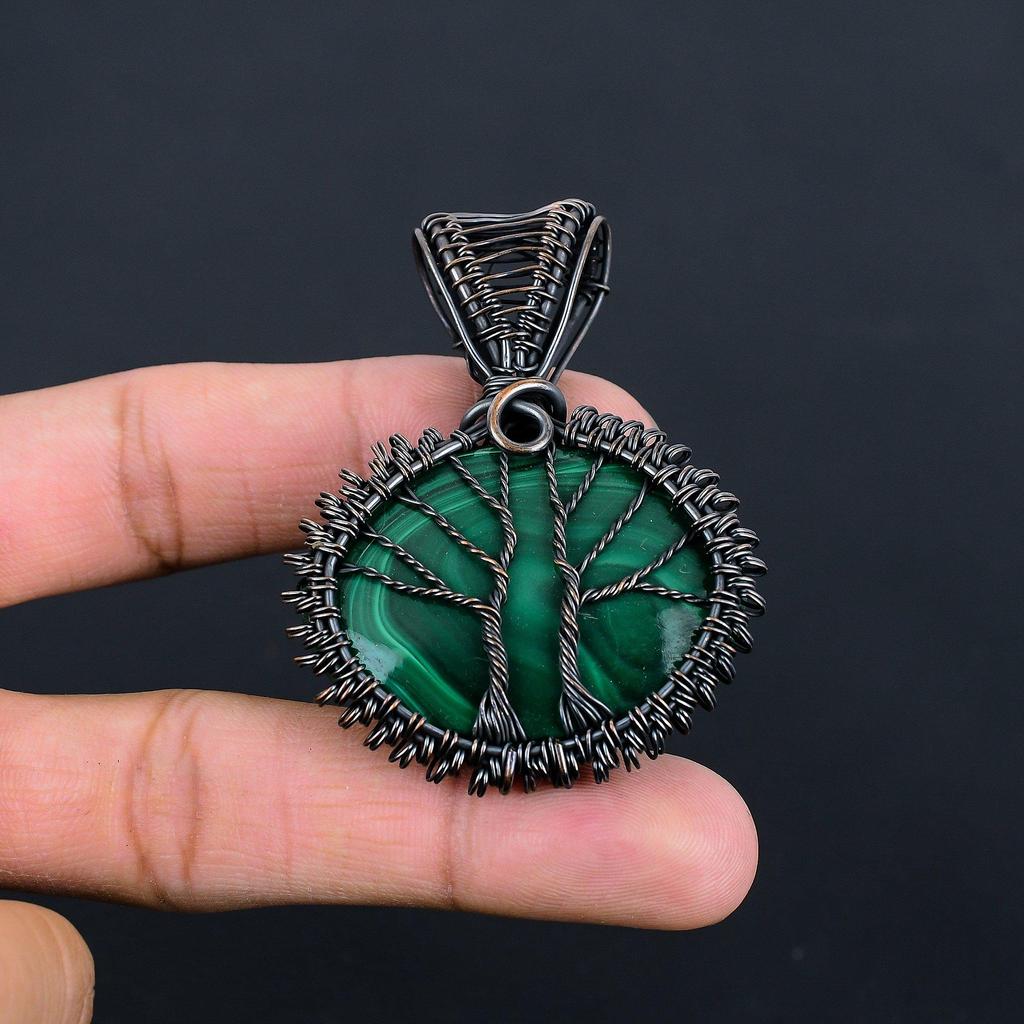 Double Tree Of Life Malachite Gemstone Copper Wire Wrap Beauteous Handmade Jewelry Pendant For Her