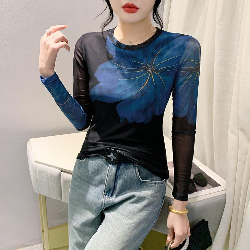 Mesh Base Shirt for Women Thin Spring Print Fashionable Top Slim and Versatile Round Neck Long Sleeve T-shirt