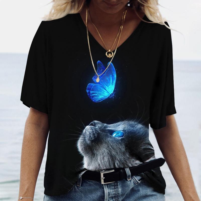 Sommer Damen V-Ausschnitt T-Shirt Niedliche Katze Orangescheiben Aufdruck Lässig Locker Kurzarm Top