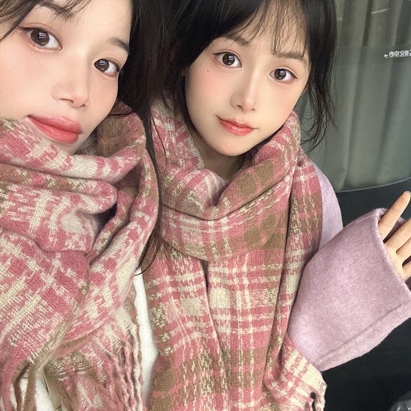 Plaid Scarf Women's Korean Style Warm Atmosphere New Dry Rose Pink Autumn and Winter Whitening Soft Tassel Shawl Scarf