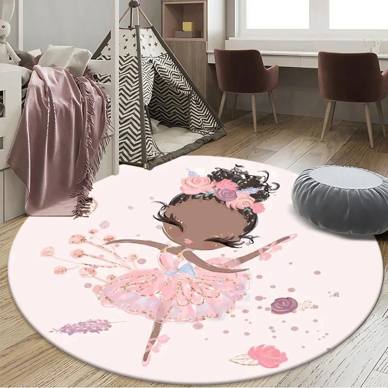 Ballet Dancer Girl Round Carpet Cute Cartoon Animal Fairy Print Area Rug For Bedroom Living Room Decor Non-Slip Play Floor Mat