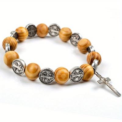 Naturalne Lite Drewno Elastyczny Drut Stop Święty Religijny Różaniec Bransoletka Męska Damska Katolicka Biżuteria Jezus Chrystus Pulsera R-372