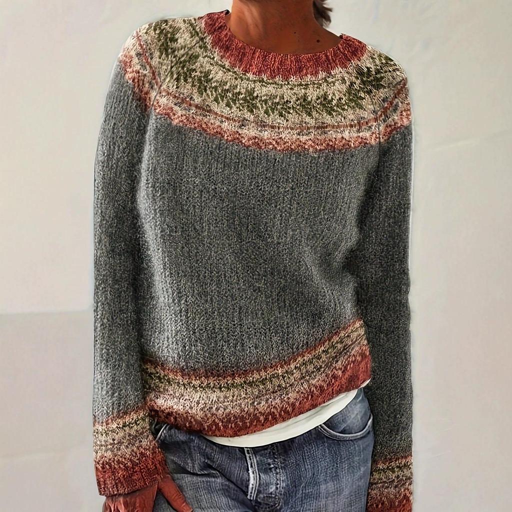 2026 Women's Elegant Color Block Round Neck Long Sleeve Sweater