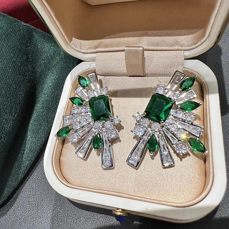 Huitan Gorgeous Geometric Design Stud Earrings with Green/White Cubic Zirconia Wedding Party Temperament Trend Zircon for Women