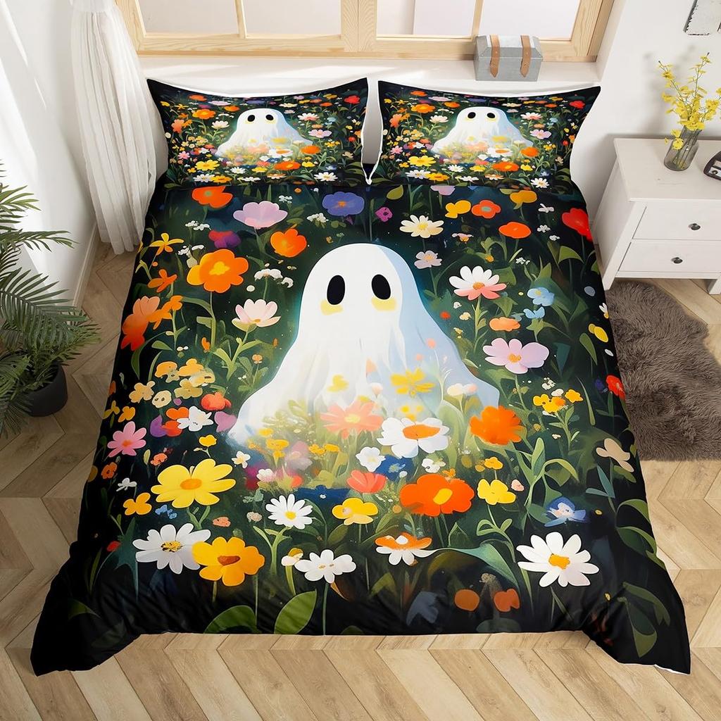Cartoon Ghost Pink Duvet Cover Cute Black Cat Pet Animal Kitten Quilt Cover Happy Halloween Theme Bedding Set with 2 Pillowcases