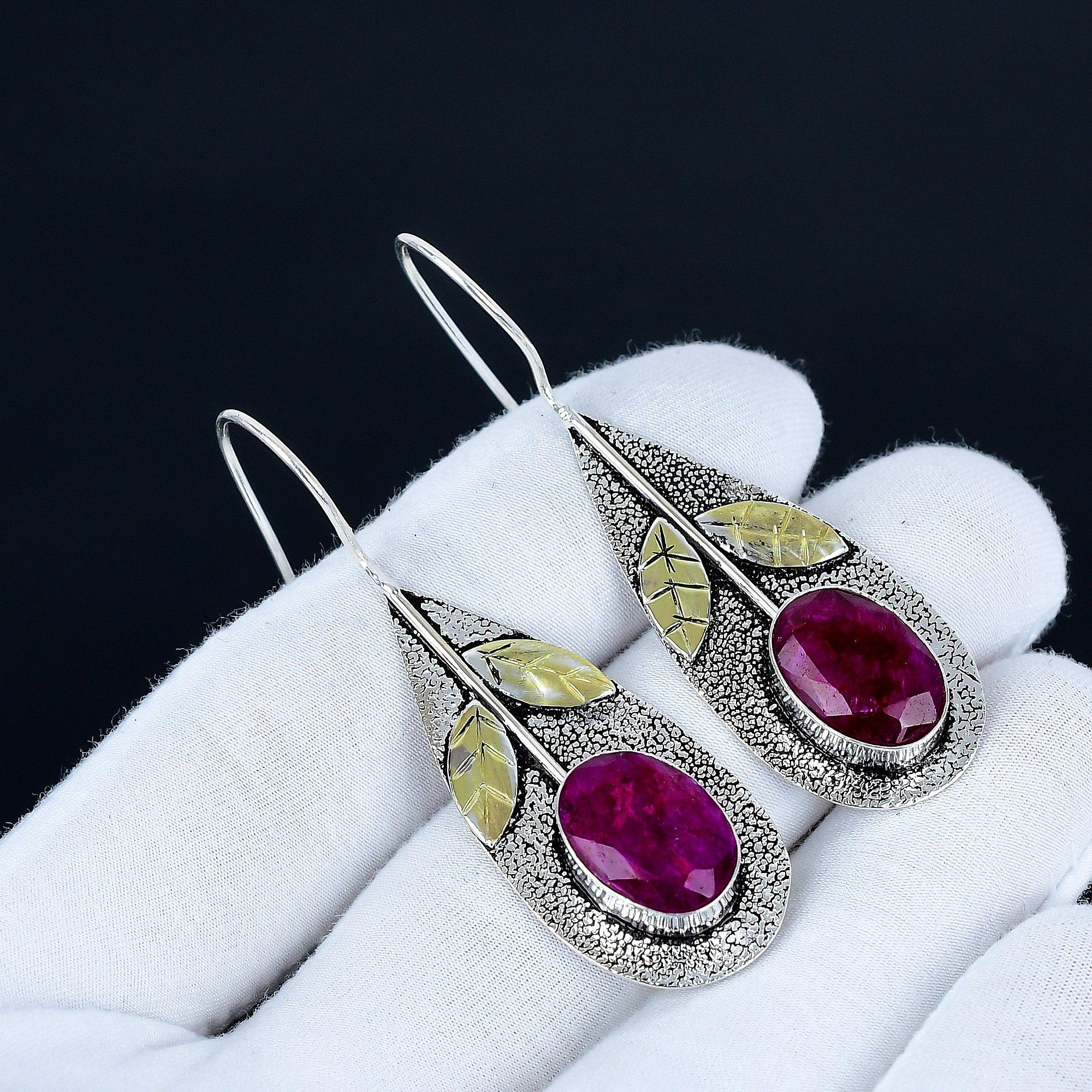 

Kashmir Ruby Gemstone Earrings, 925 Sterling Silver Earrings, Handmade Silver Earrings For Gift, Kashmir Ruby Dangle Earrings Wadding Gift 6 Cm