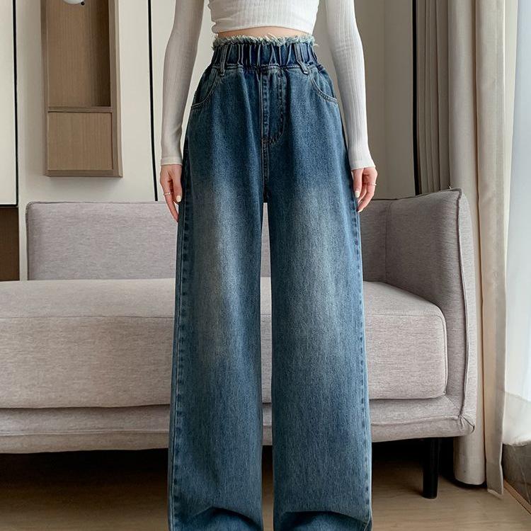 Women's Plus Size High Waist Fluffy Denim Jeans, Floor-Length, Wide Straight Leg, Loose Fit, Autumn/Winter, Slimming, Fits Up To 200 Jin
