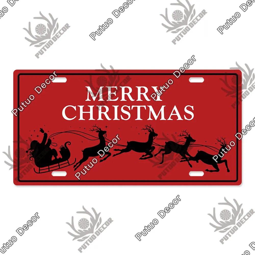 Putuo Decor Merry Christmas License Plate Tin Sign Plaque Metal Vintage Poster for Home Bar New Years Navidad Gift Wall Decor