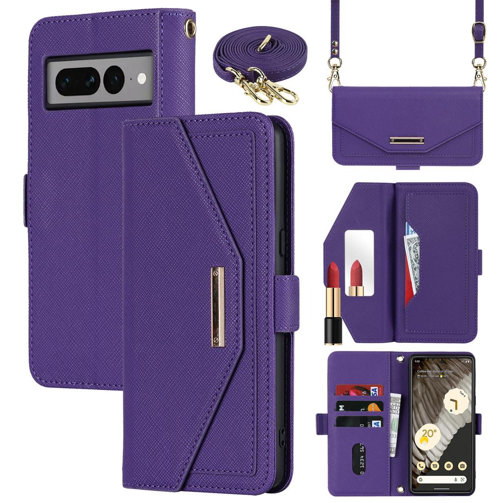 For Google Pixel 7 Pro 5G Stand Case Cross Texture PU Leather Wallet Phone Cover with Shoulder Strap/Makeup Mirror