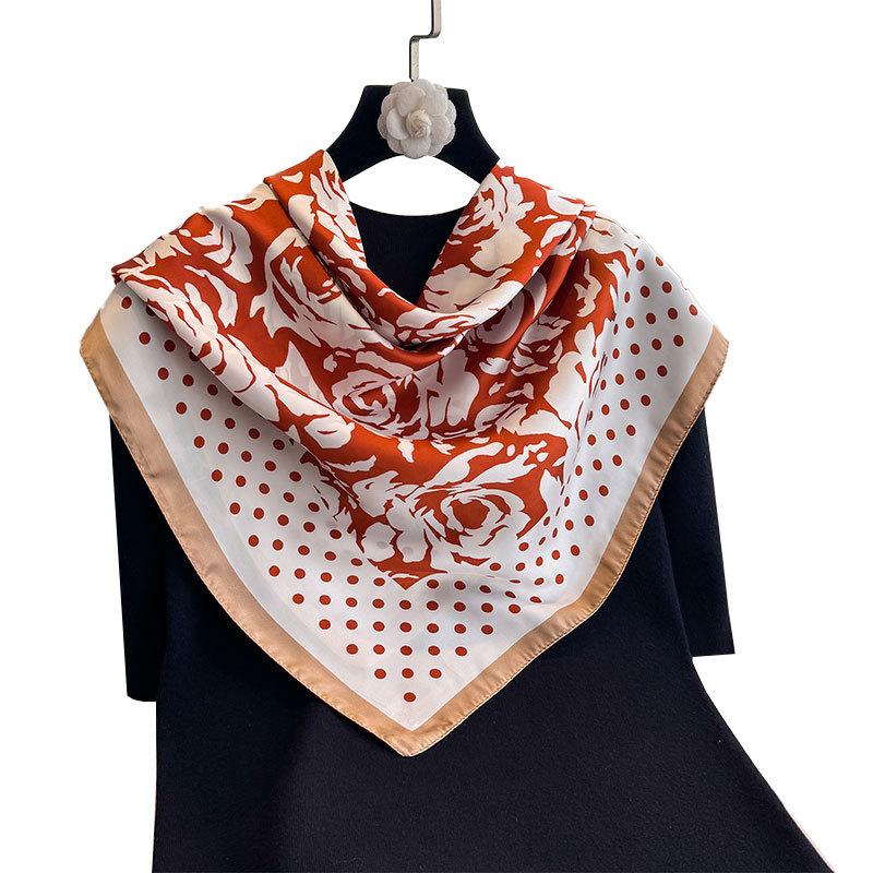 Polka Dot Camellia 90 Imitation Silk Large Square Scarf Shawl Commuting Versatile Printed Scarf Headscarf Silk Scarf Women