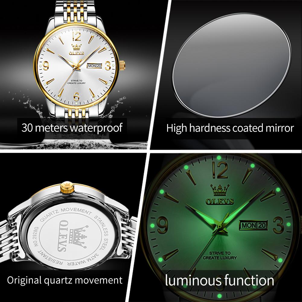 OLEVS Watches for Men Stainless Steel Waterproof Calendar Week Luminous Men's Watches Original Brand Luxury Quartz Watches 2928