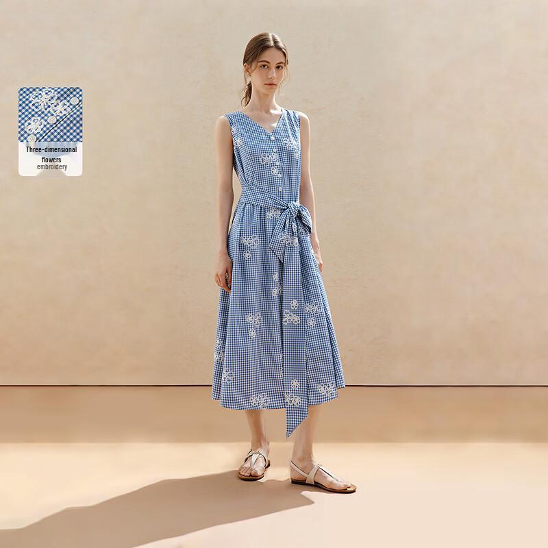 INMAN Retro Plaid Floral Embroidery Sleeveless Dress S