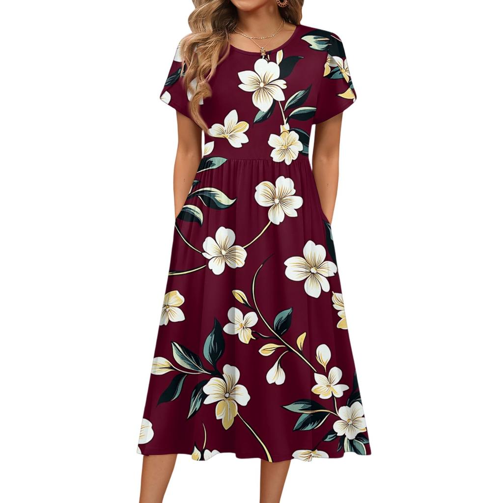Women's Fashion Summer Round Neck Short Sleeve Floral Printed Beach Dresses