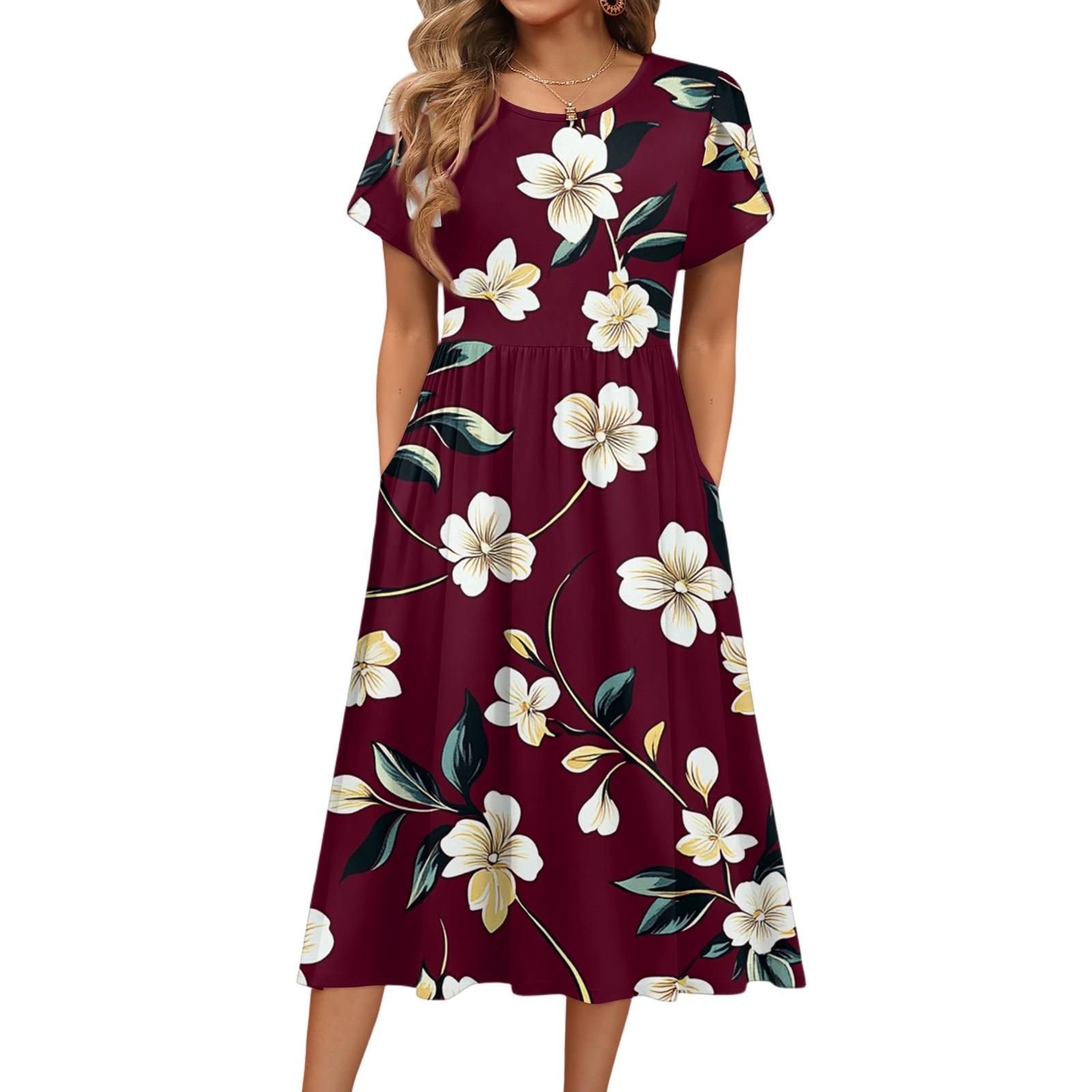 

Женские модные летние пляжные платья с круглым вырезом и коротким рукавом с цветочным принтом XXL винный