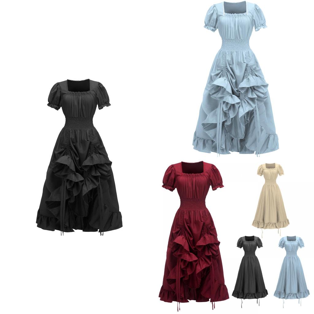 Vintage Renaissance Quadratischer Halsausschnitt Kurzarm Kleid Mittelalterlich Pastoral Cosplay Kleid
