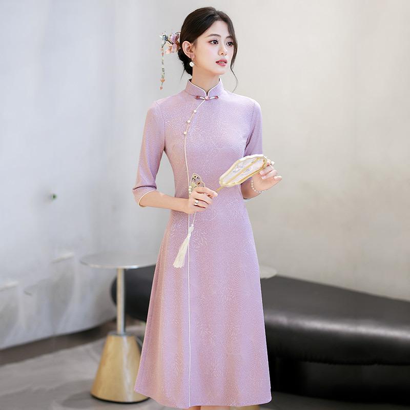 Skinny Purple and Pink National Style Mother Outfit New Chinese Autumn Medium and Long Sleeves Improved Cheongsam Women's Retro Dress Autumn