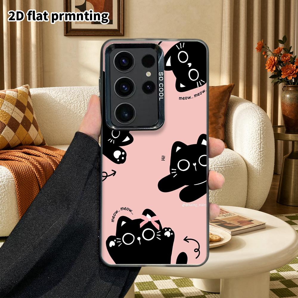 Phone Case: 2D Flat Samsung Galaxy A34 A35 M05 M06 S20 S22 S21 FE Plus 5G Protective Case, Couple Style, Pink Background with Little Black Cat, Christ