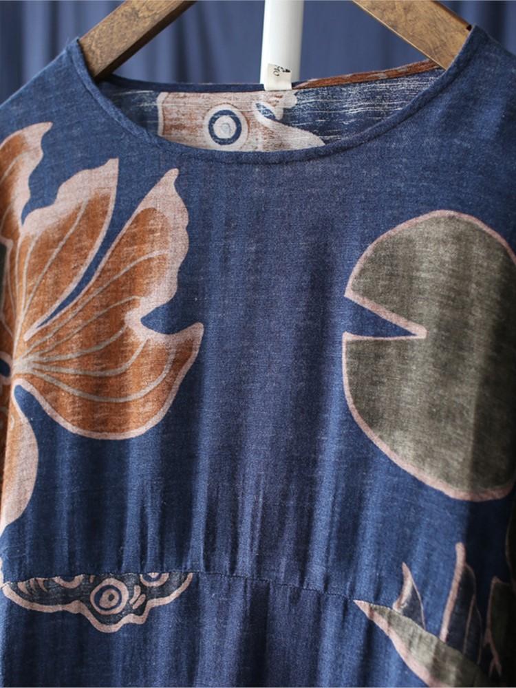 Johnature Women Flare Sleeve Spring Dress Print Floral Loose Robes O-Neck Seven Sleeve Cotton Blend Women Vintage Dress