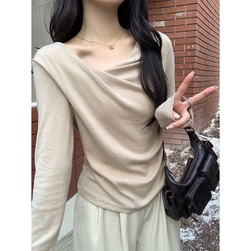 Spring and Autumn Gentle Style Slim Long Sleeve T-Shirt Women's Irregular Twist Slim Top