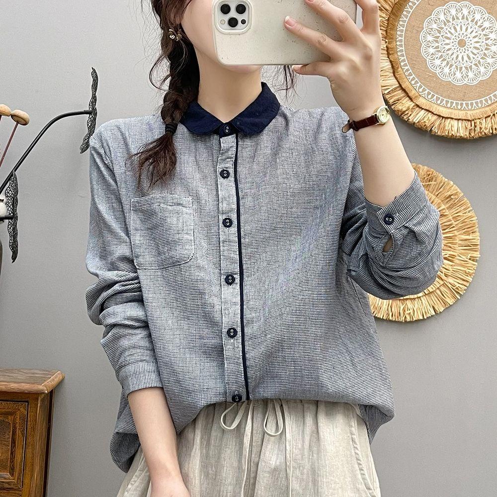 Youthful Korean Style Cotton Shirt Loose Fit Long Sleeve Vintage Peter Pan Collar Blouse for Women Spring Autumn Office Wear