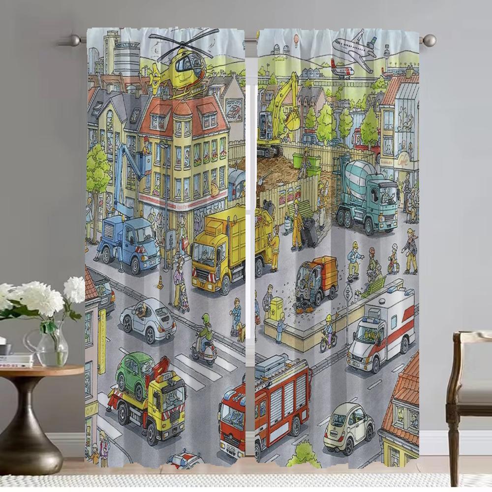 City Road Cartoon Kitchen Curtains 2 Pieces Home Interior Curtains for Living Room Shades Halloween Decoration Tulle for Bedroom