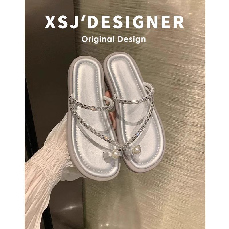

Pearl Puffs~ Rhinestone Set Toe Casual Delicate Flat Bottom Sandals Women s Slippers Outer Wear Summer 40 серебряный