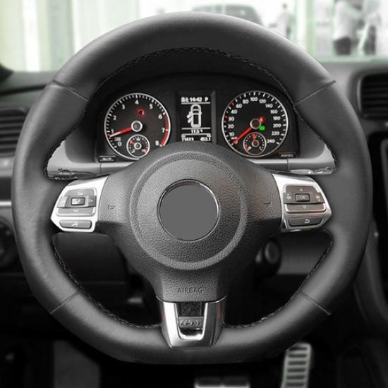 All Black Steering Wheel Sewing Leather Cover Trim For VW Scirocco 2009-2014