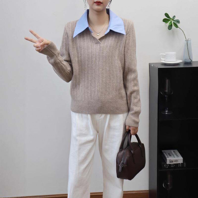 Polo collar splicing fake two-piece knitted sweater top autumn and winter new soft waxy and thin temperament sweater pullover women
