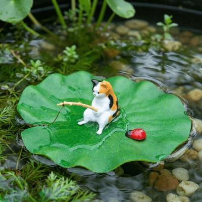 Realistic Fishing Cat Decoration Lotus Leaf Cute Aquarium Landscaping Miniature Resin Betta Fish Tank Decor Home Aquarium