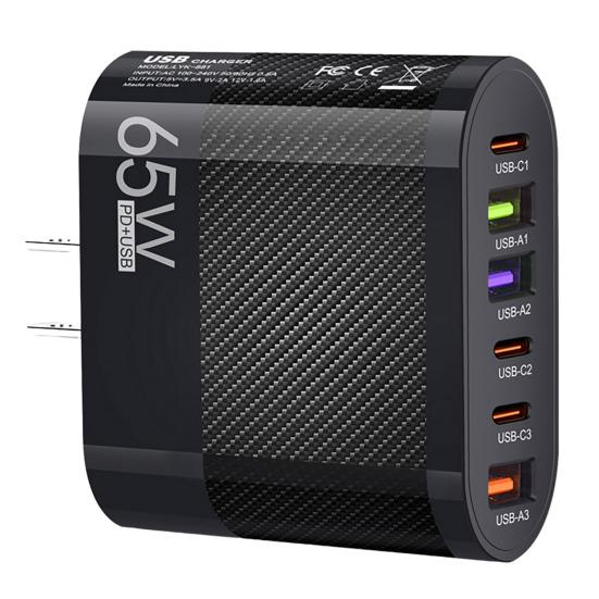 

3.5A 65W Phone 3USB 3Type-C Fast Charger Head Charging High Power Universal US US Plug чорний