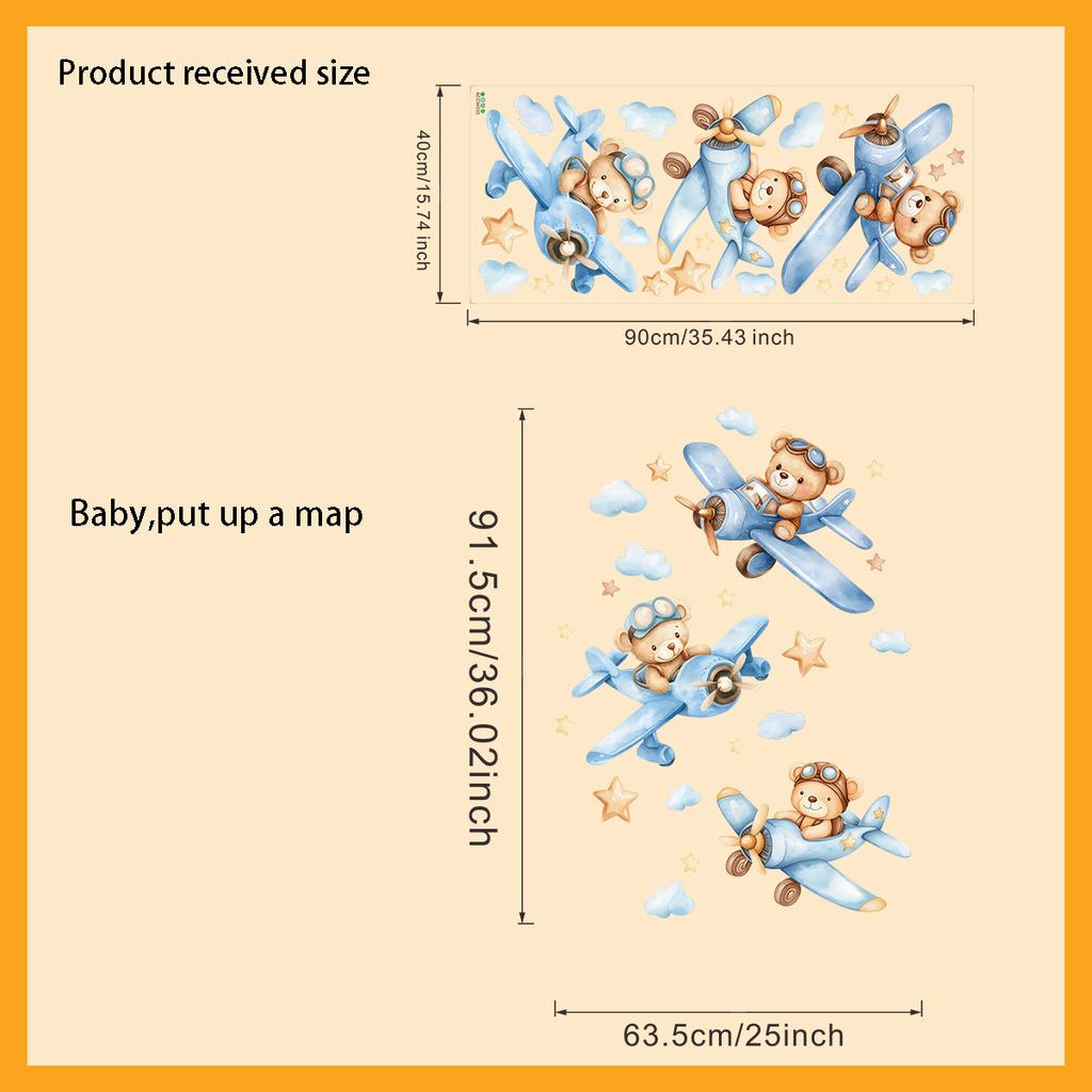 Cartoon Hand-Painted Bear Airplane Wall Sticker Kids Room Bedroom Entrance Home Wall Decoration Self-Adhesive