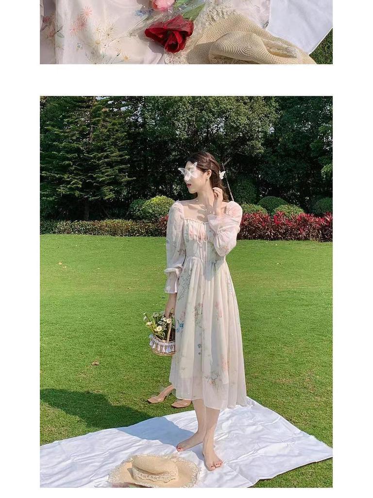 2025 Floral Chiffon Tea Dress: Sweet Long Sleeve French Princess Style