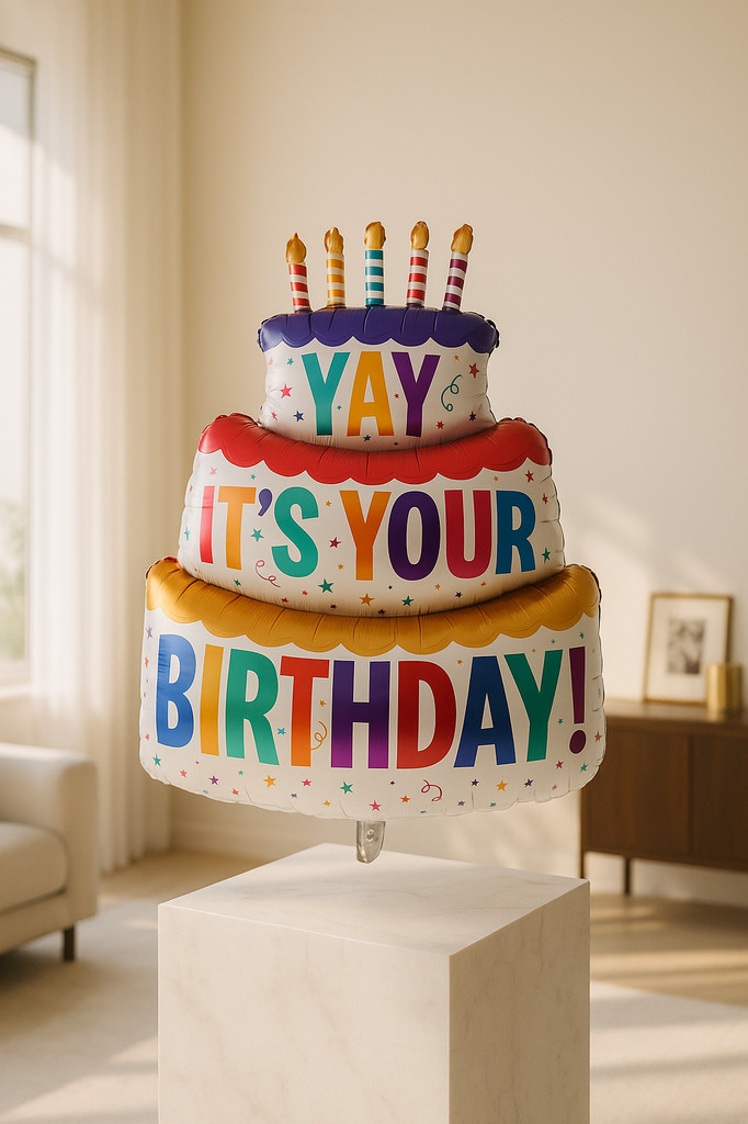 Duży tort urodzinowy z trzema warstwami, świeca, paski, kropki, balony foliowe, rekwizyty do zdjęć na przyjęciu urodzinowym, dekoracja sceny