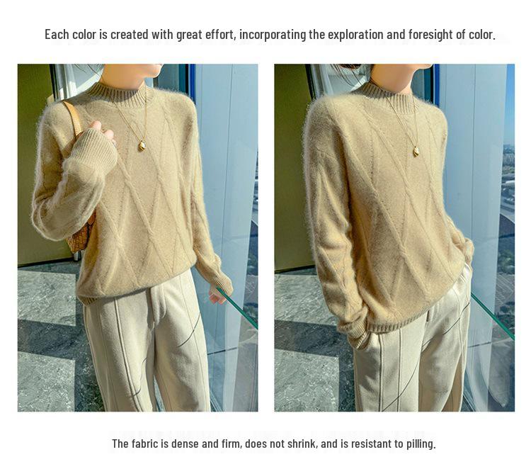 Women's Heavyweight Wool Diamond-Knit Sweater, Half-High Neck, Loose Fit.