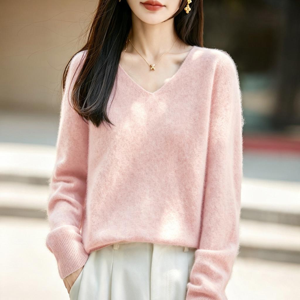 Seamless Brushed Knitted Wool Sweater for Women with V-neck, Loose Fit, Long-sleeved Top