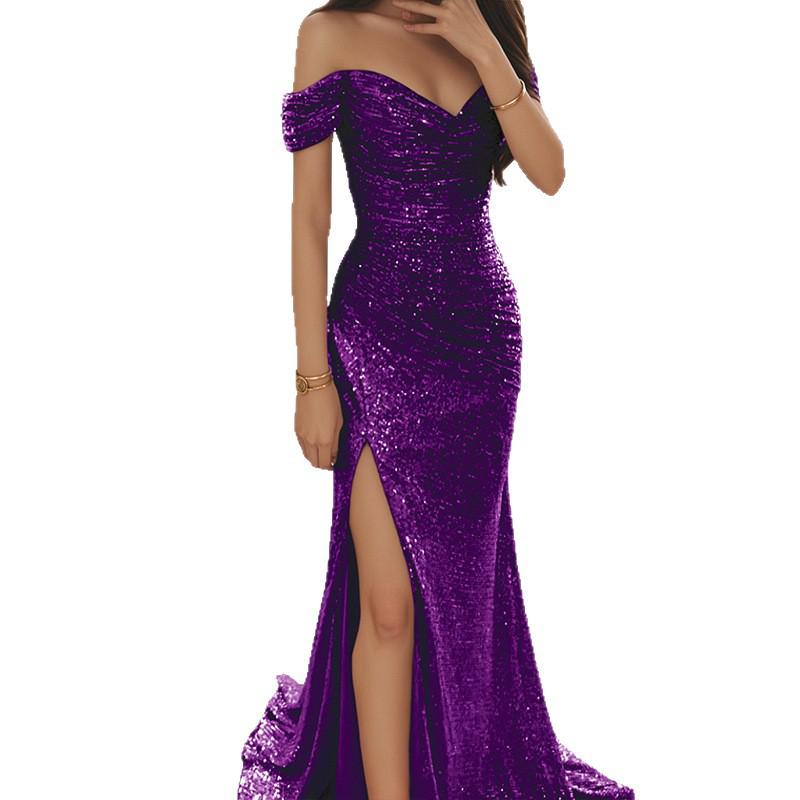 Sequin Off-the-Shoulder Slit Evening Gown - Elegant and Sexy Long Banquet Dress